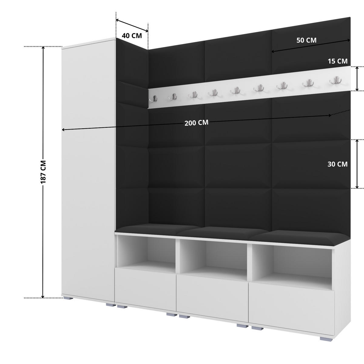GARDEROBE NELA IX 200 cm (Modulare Flurmöbel Weiß mit Sitzpolster Schwarz 16 Breite Sitzbank) - Silberfarben/Schwarz, Holz/Holzwerkstoff (200/187/40cm) - Ravio