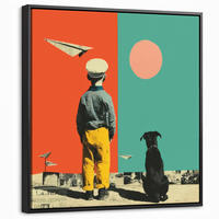 LEINWAND Bilder mit Rahmen - Retro - Junge - Hund - Rot - Grün - 50x50 - Orange, Textil (50/50cm) - MuchoWow