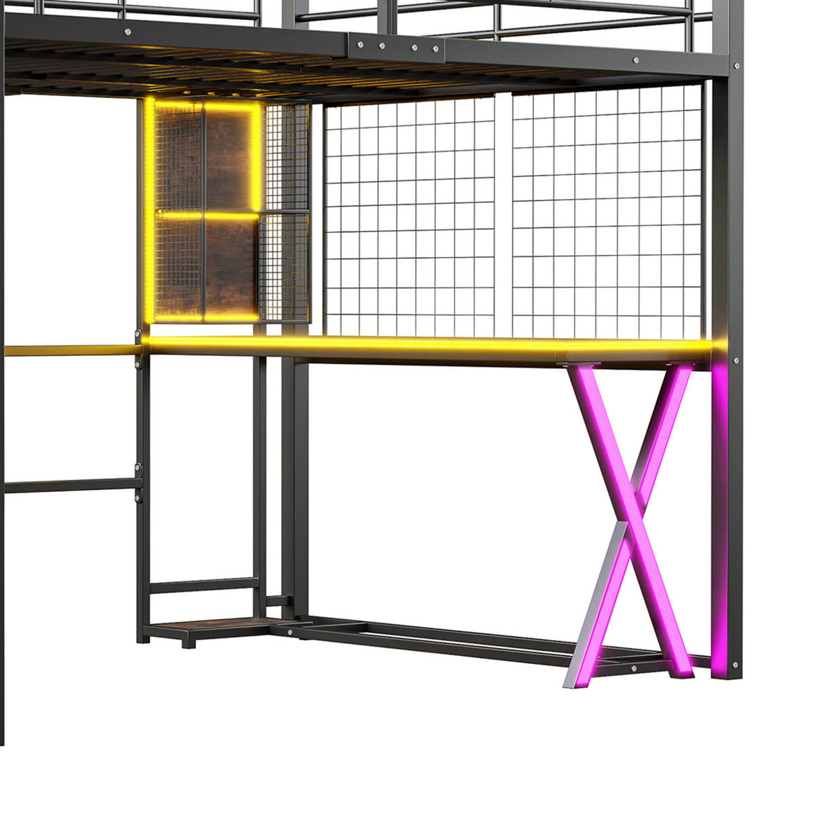 HOCHBETT 140/200 cm Schwarz mit Schreibtisch, LED und Kleiderschrank ohne Matratze - Schwarz, Metall (140/200cm) - MIVRAY