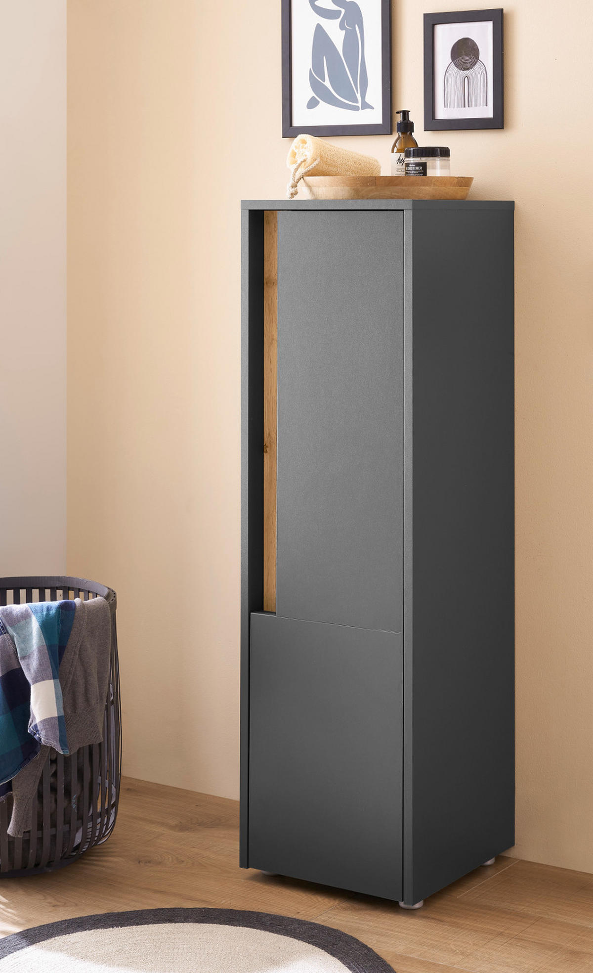 BAD-MIDISCHRANK grau matt, Wotan Eiche, Badmöbel Kommode 34 x 114 cm - Eiche Wotan/Schwarz, Holzwerkstoff/Kunststoff (34/114/34cm) - Furn.Design