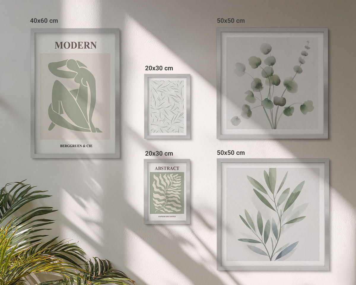 WANDBILDER 5er Set - 50x50 cm & 20x30 cm & 40x60 cm Silberner Rahmen - Matisse entwirft Boho-Pflanzen - Silberfarben, Kunststoff (40/60cm) - ArtPrintCave