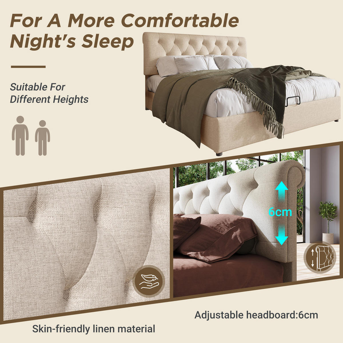 POLSTERBETT 140x200cm Doppelbett hydraulisch verstellbares Kopfteil Stauraum Natürlich - Braun, Holz - FLIEKS
