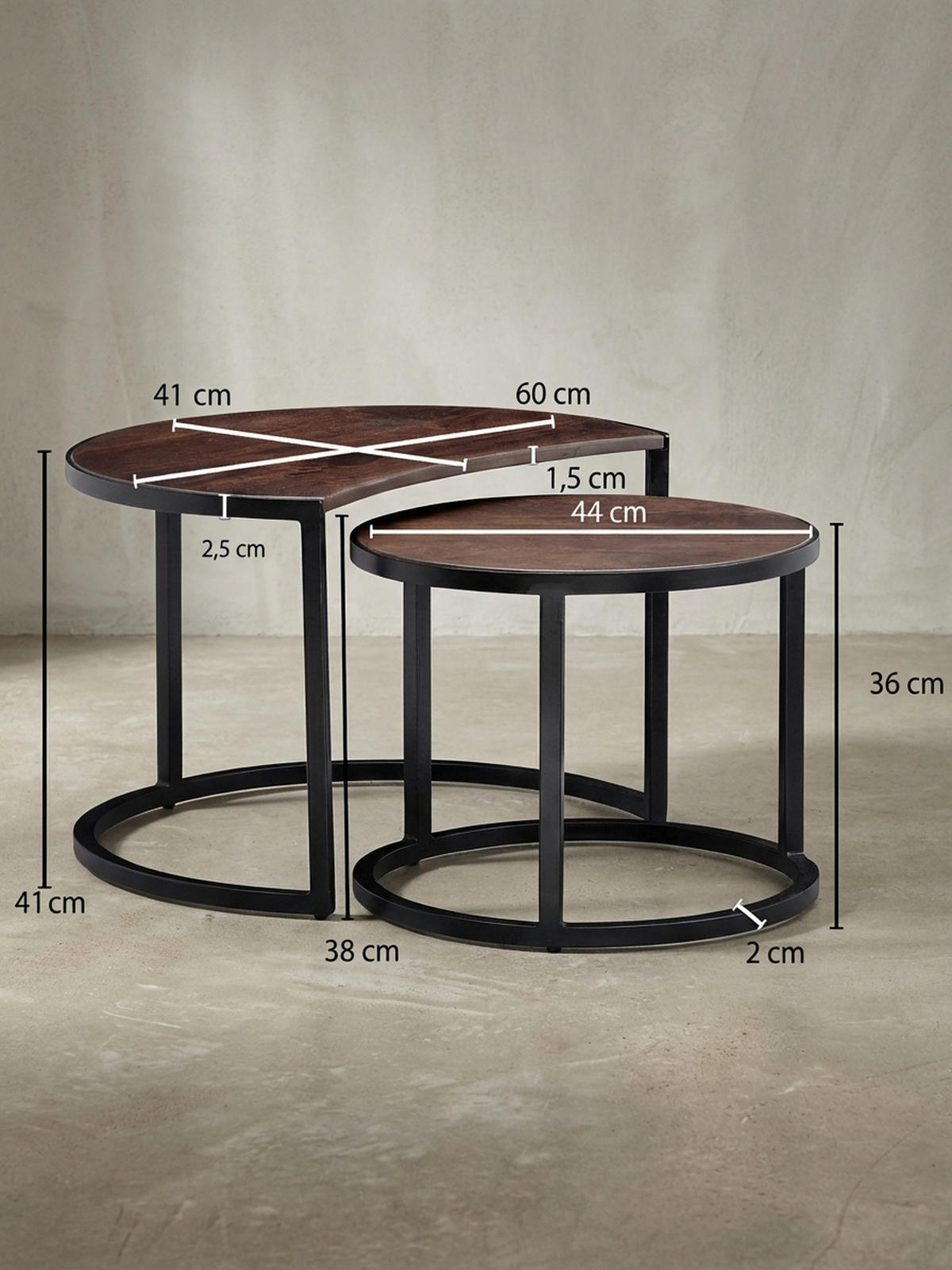 COUCHTISCH 2er Set Holz Metall Industrial Handgefertigt ESINO, Braun 60x41x41 cm - Schwarz/Braun, Holz/Metall (41/60/41cm) - KADIMA DESIGN