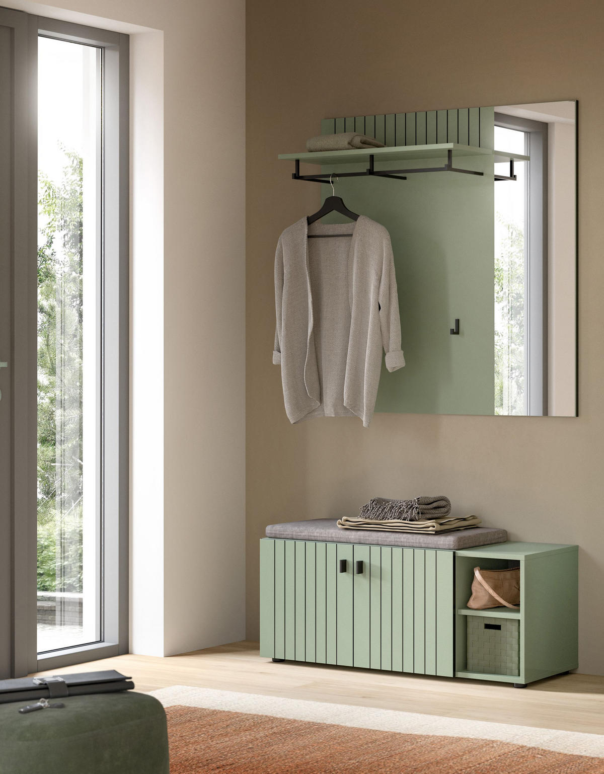 GARDEROBEN-SET inkl. Sitzkissen STATION 2-tlg. (B/H/T: ca. 106/192/37 cm) in Smoke Green/Smoke Green - Dunkelgrün, Holzwerkstoff (106/192/37cm)