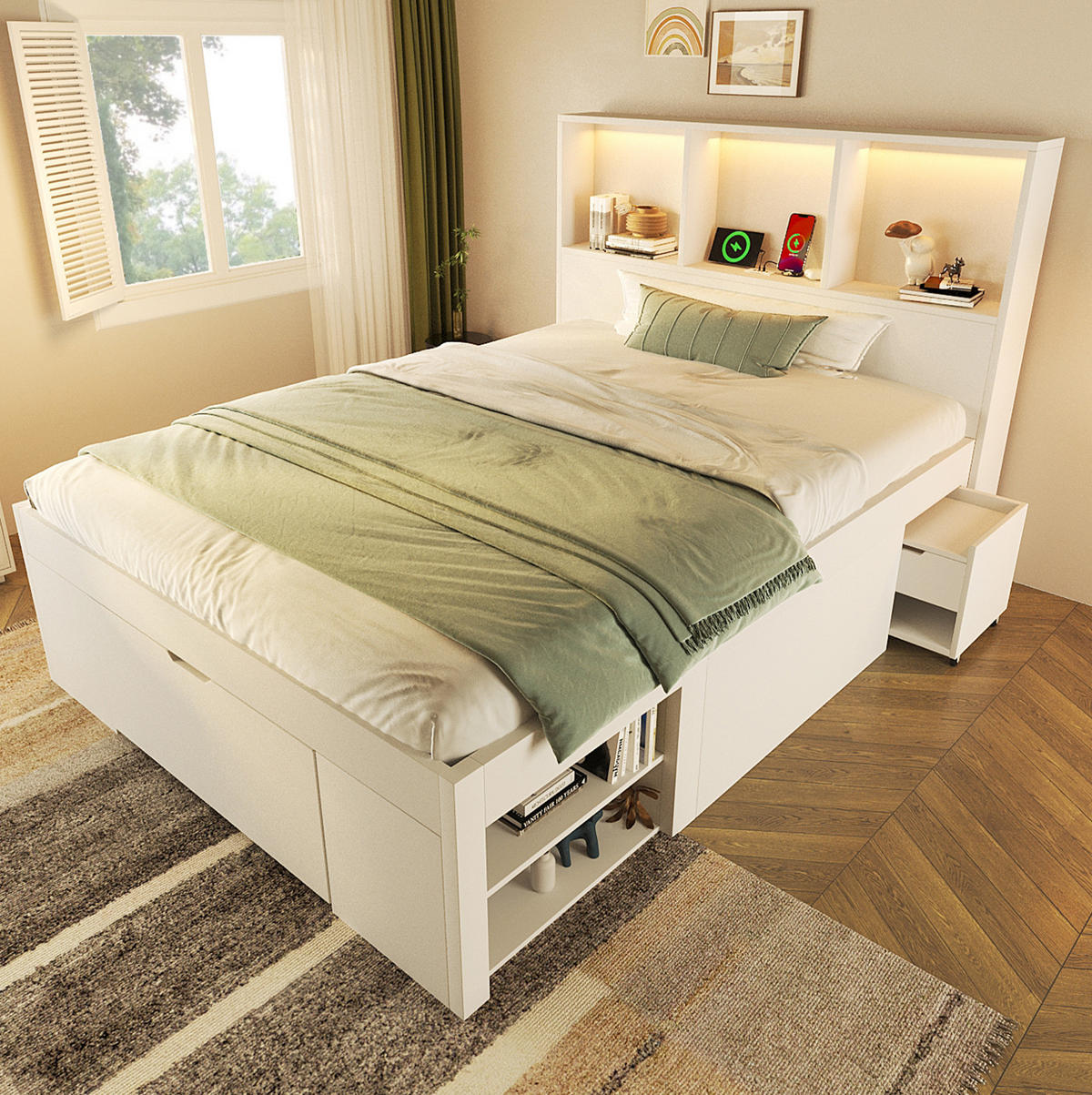 FUNKTIONSBETT 90/200 cm mit LED-Beleuchtung, USB-C, Stauraum und beweglichem Nachttisch aus Holz, Weiß - Weiß, Holzwerkstoff (90/200cm) - Redom