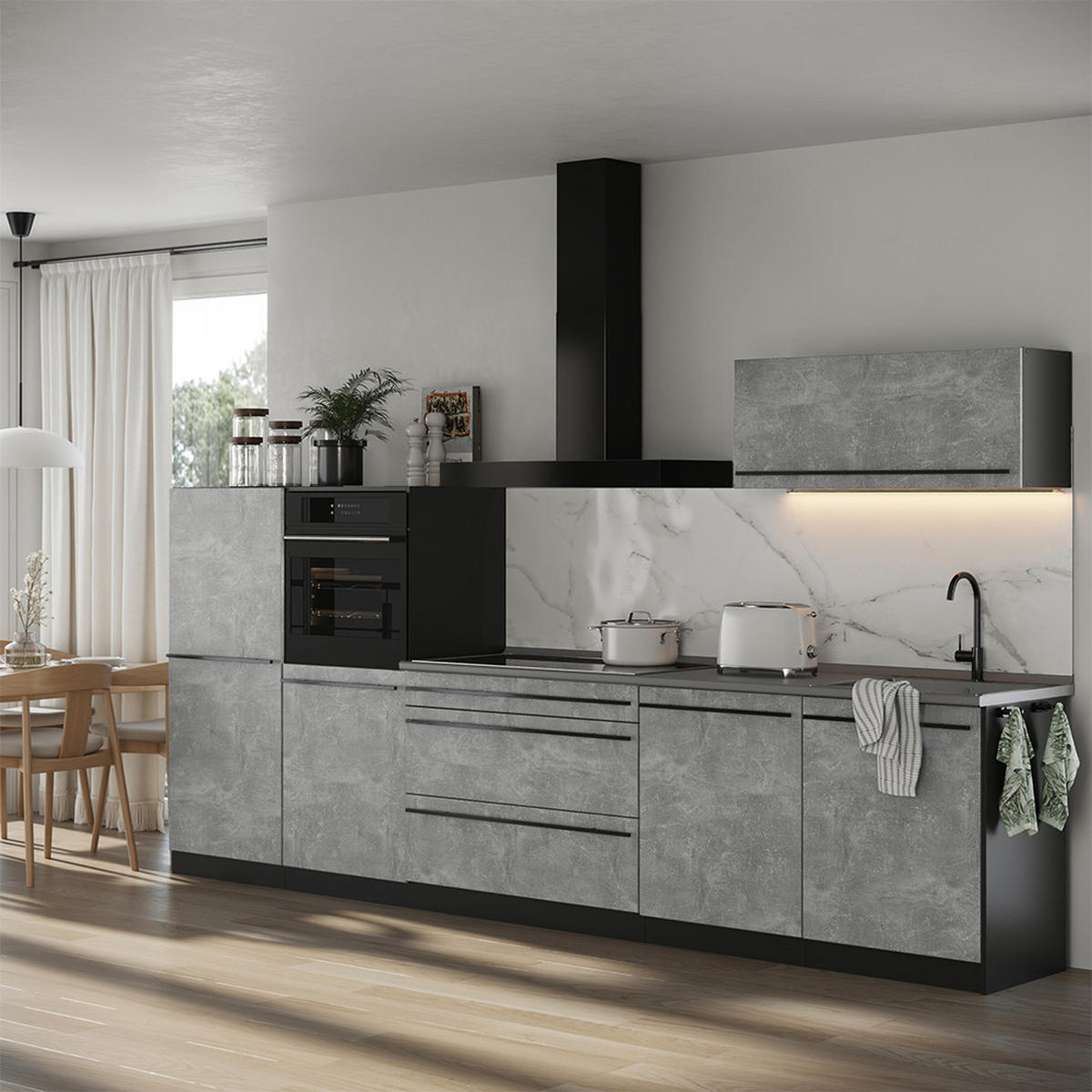 KUCHYŇSKÝ KOUT R-Line, Beton/Antracit, 340 cm pracovná doska Dub Goldkraft - šedá/antracitová, kompozitní dřevo (340/143/60cm) - Vicco