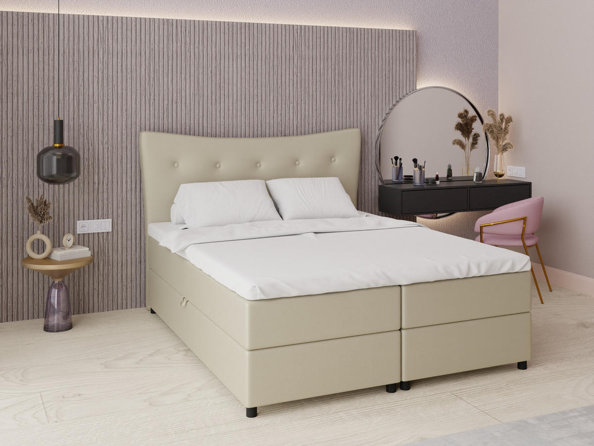 BOXBETT Nevada 160 x 200 cm Doppelbett mit hochwertiger Bonell-Matratze und Topper - ecru - Ecru, Holz (160/200cm) - Panda Möbel