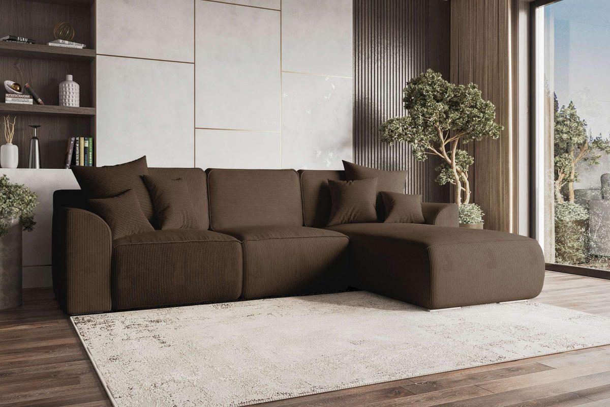 ECKSOFA GUSTO Cordstoff Braun Rechts inkl. Schlaffunktion - Chromfarben/Braun, Kunststoff/Textil (295/194cm) - 99rooms