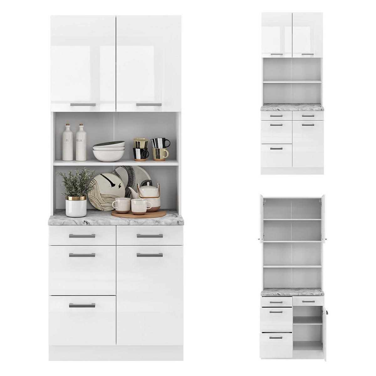 BUFFET R-Line Weiß Hochglanz 80 cm, AP Marmor - Weiß Hochglanz/Weiß, Holzwerkstoff (80/81.6/60cm) - Vicco