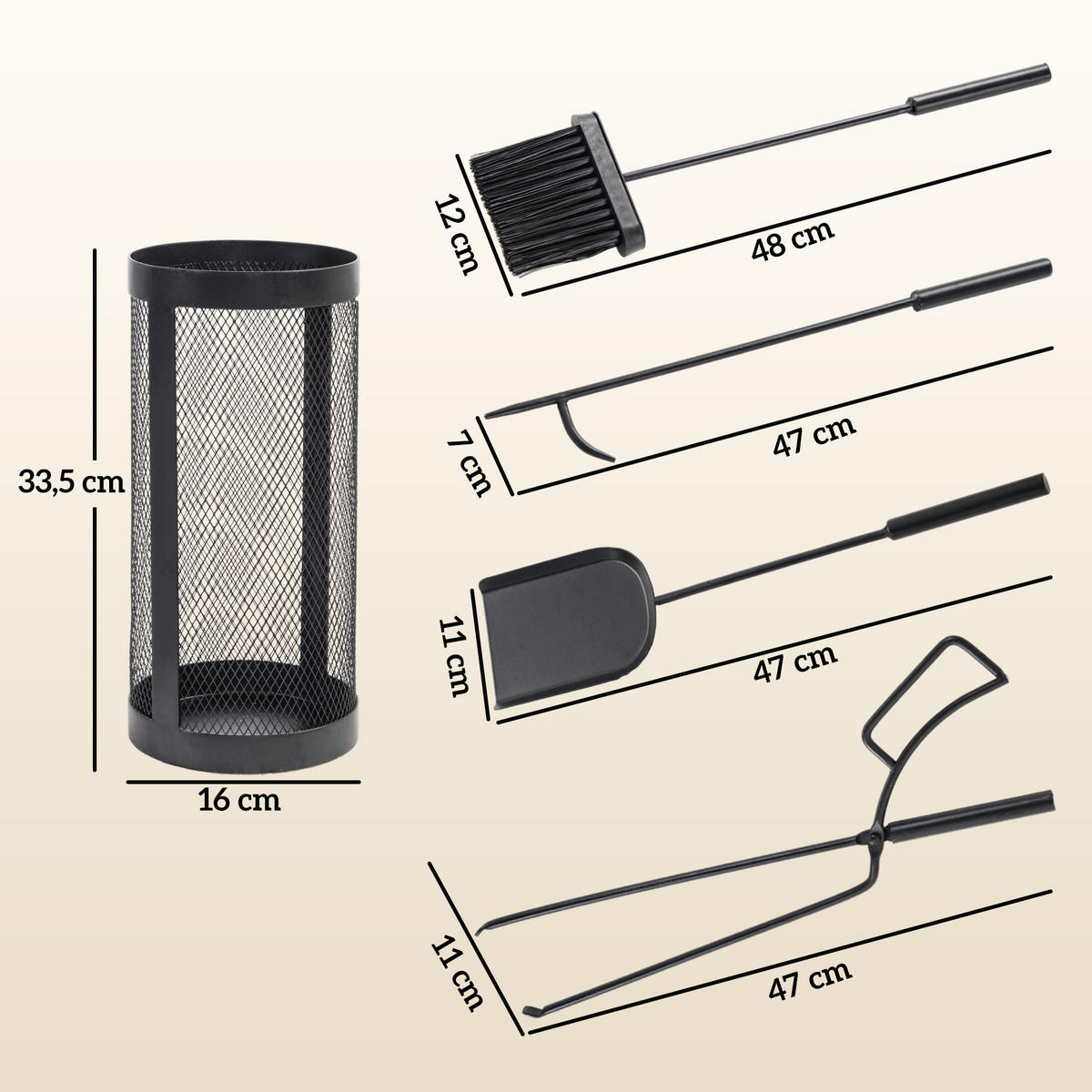 KAMINBESTECK - Schwarz, Metall (16/33.5/16cm) - Outsunny
