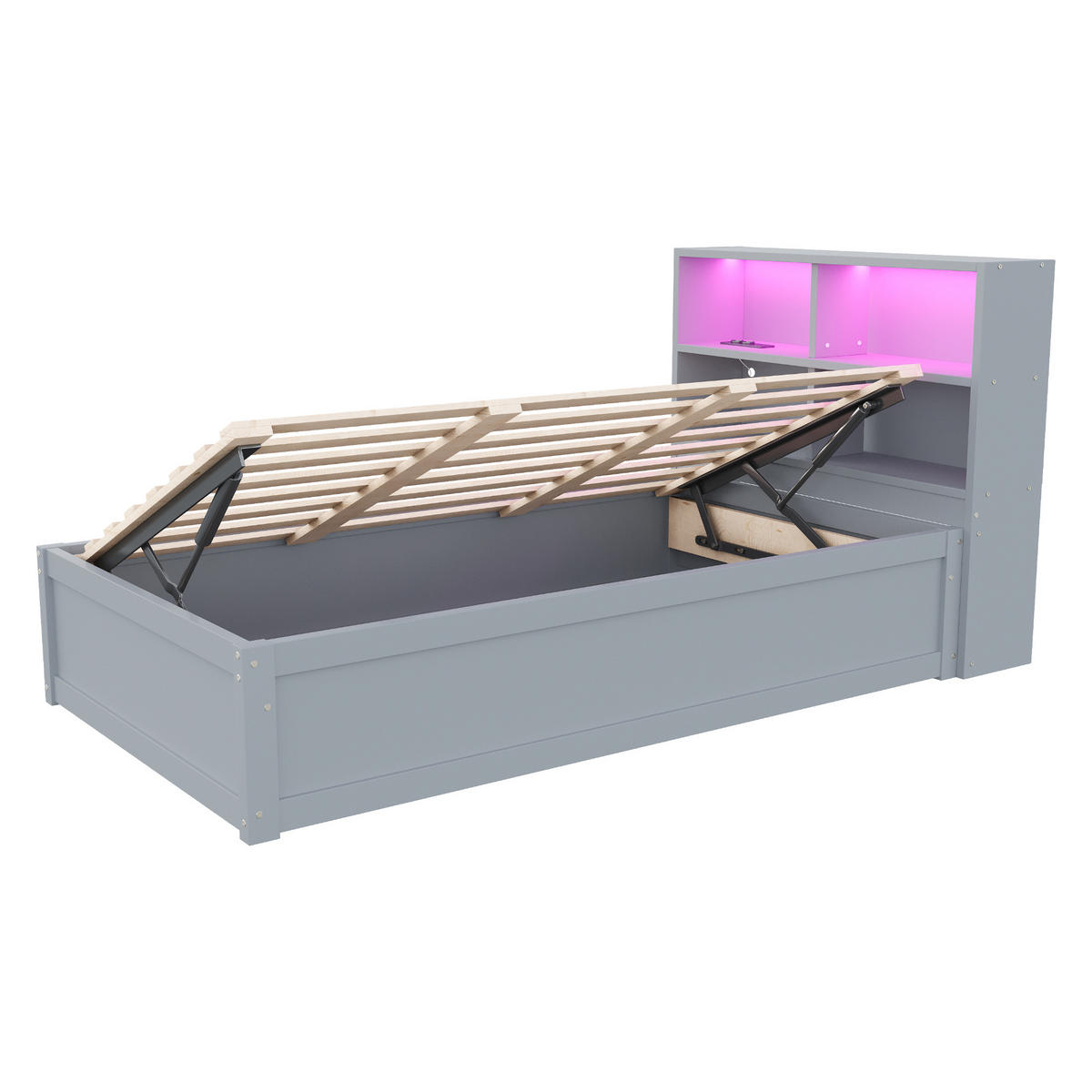 BETT 90/200 cm mit Multifunktionssteckdose, LED-Beleuchtung & Stauraum Grau - Grau, Holz (90/200cm) - OKWISH