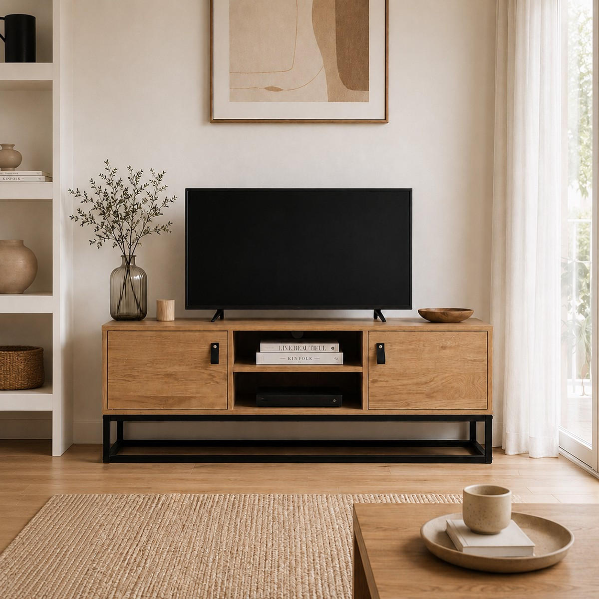 TV-MÖBEL Eiche Dekor 2 Türen und zentrale Ablage - L120 cm - Nussbaumfarben, Holzwerkstoff (39/48/120cm) - Calicosy