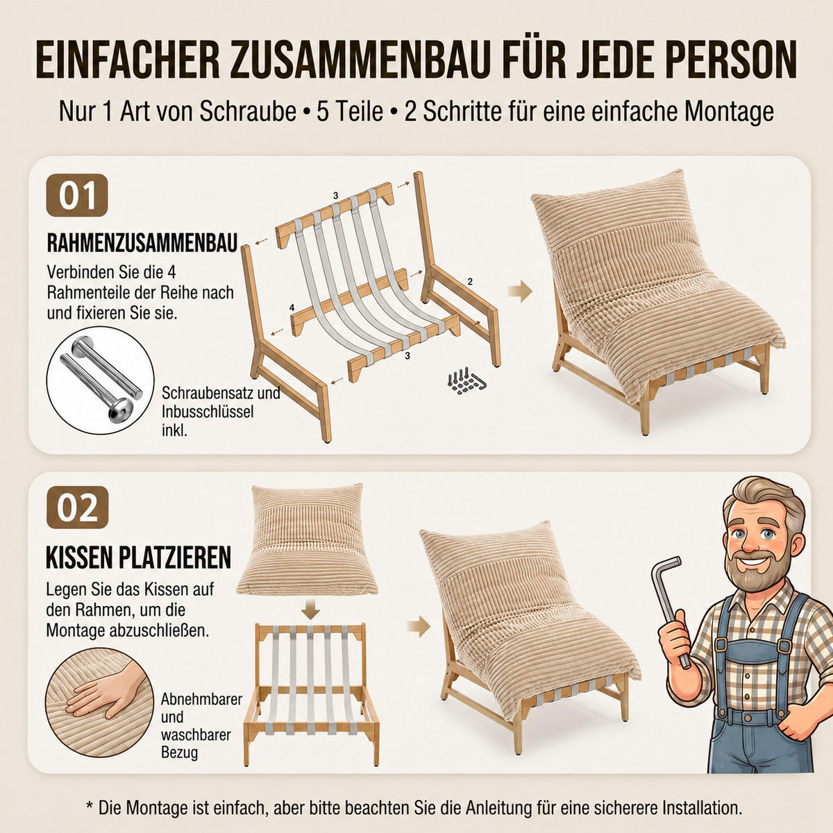 XXL-SESSEL Cord mit Holzrahmen, Breites Kissen, Hellbraun - Hellbraun, Holz/Textil (117/94/114cm) - LVHOM