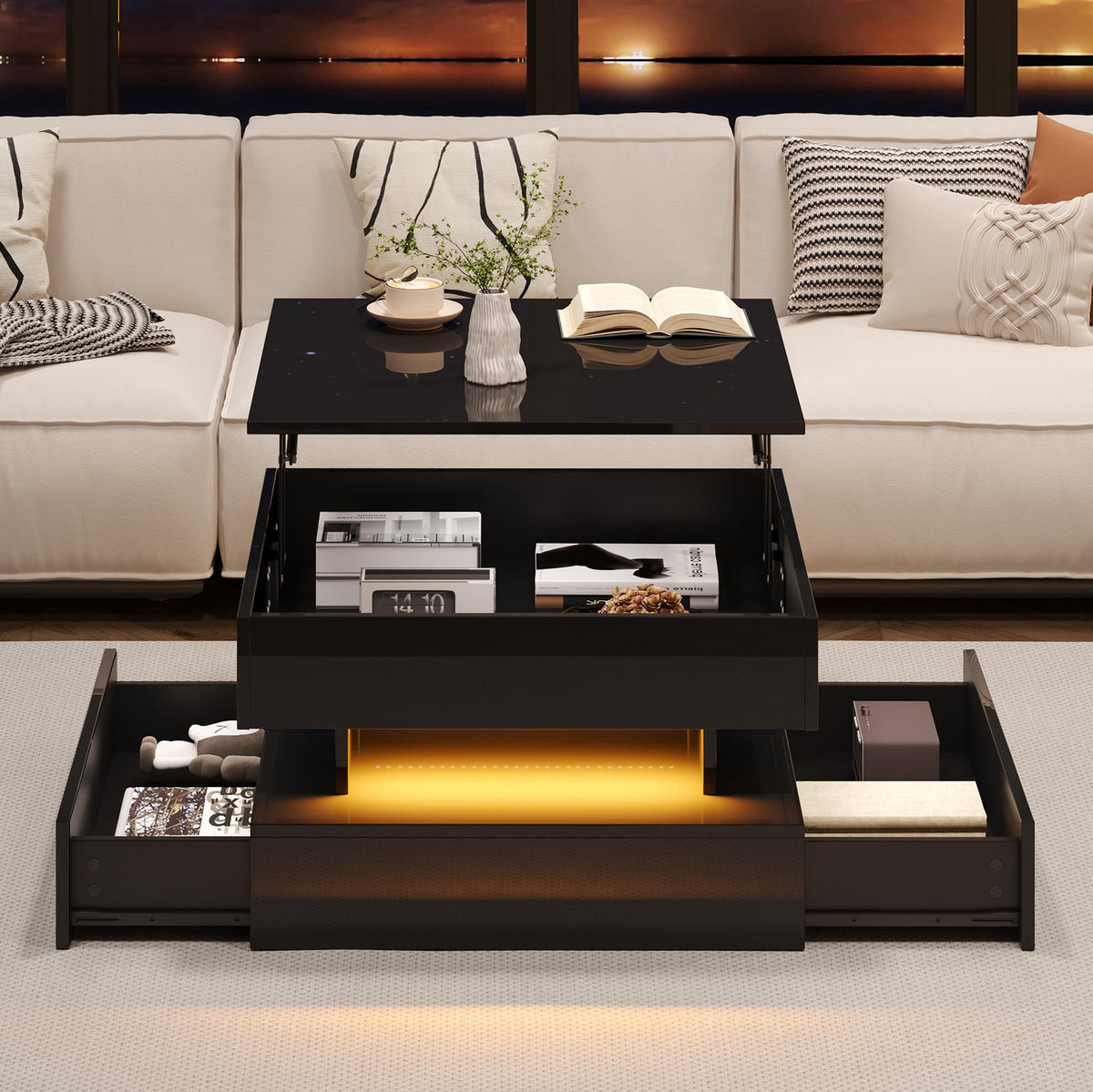 KONFERENČNÍ stolek 65/65/38,5 cm černý z dřevotřísky se zvedací deskou a LED osvětlením - černá, kompozitní dřevo (65/65/38.5cm) - OKWISH