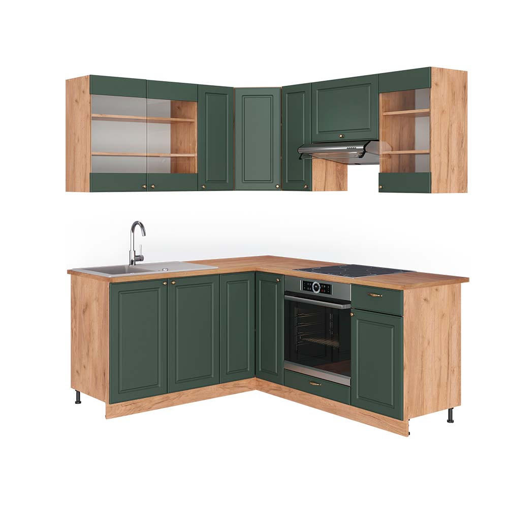 ECKKÜCHE Fame-Line Grün-Gold Landhaus/Goldkraft Eiche 160 x 190 cm AP Eiche - Honigeiche/Grün, Holzwerkstoff (190/81.6/60cm) - Vicco