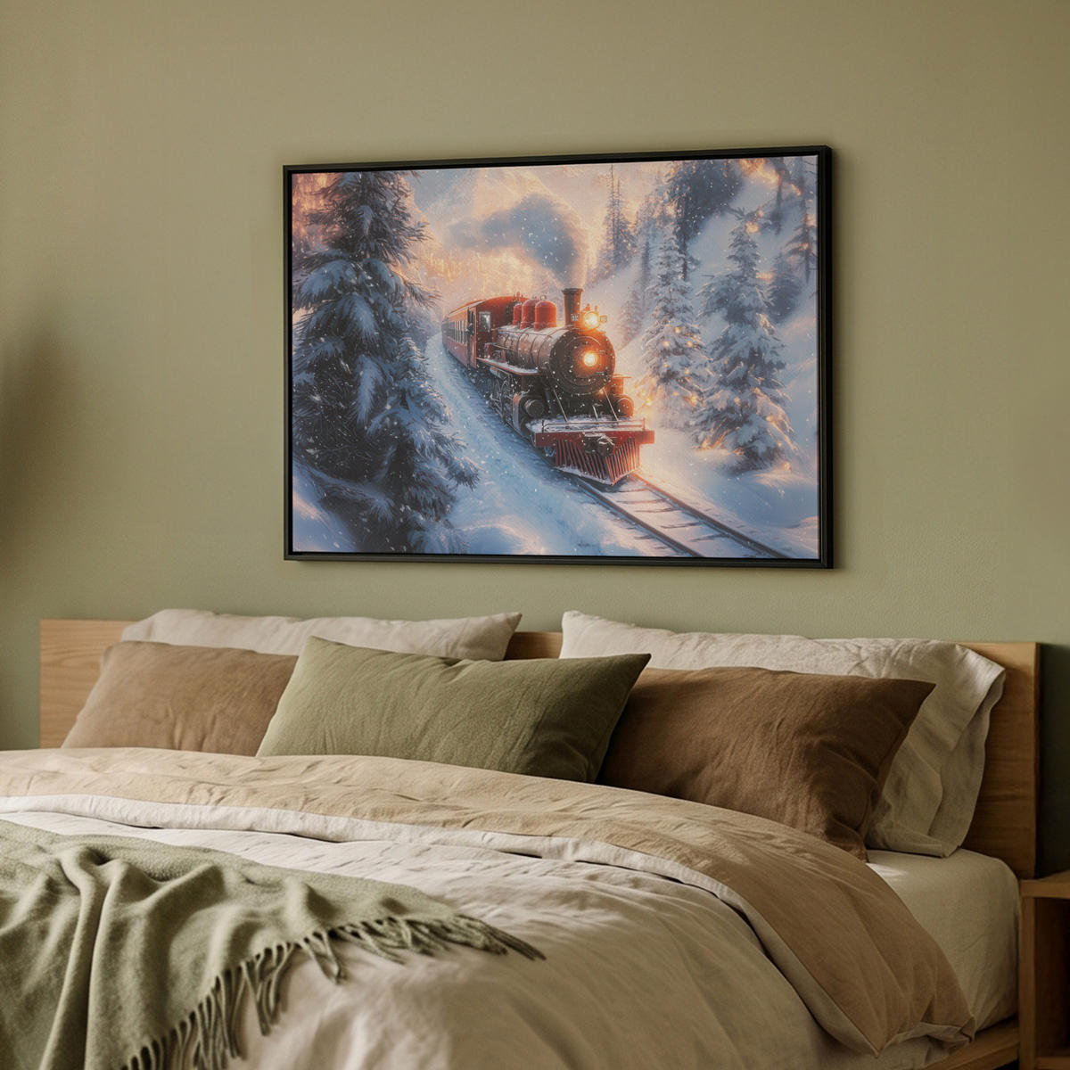 LEINWAND Bilder mit Rahmen - Weihnachtszug - Schnee - Winter - Weihnachten - 80x60 - Dunkelrot, Textil (80/60cm) - MuchoWow