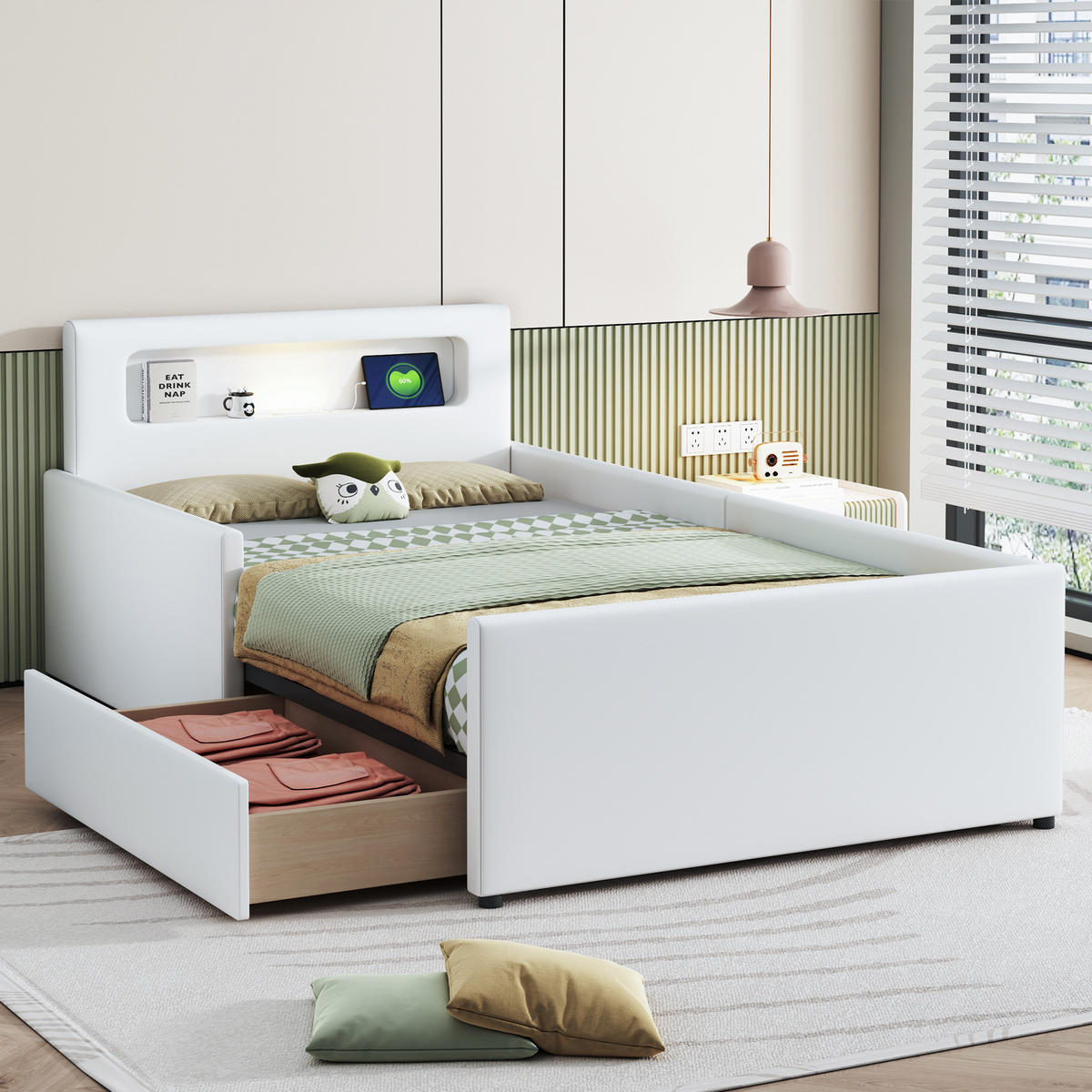 POLSTERBETT Kinderbett 90/200 cm weiß mit Nachtlicht und USB-Anschluss - Weiß, Textil (90/200cm) - OKWISH