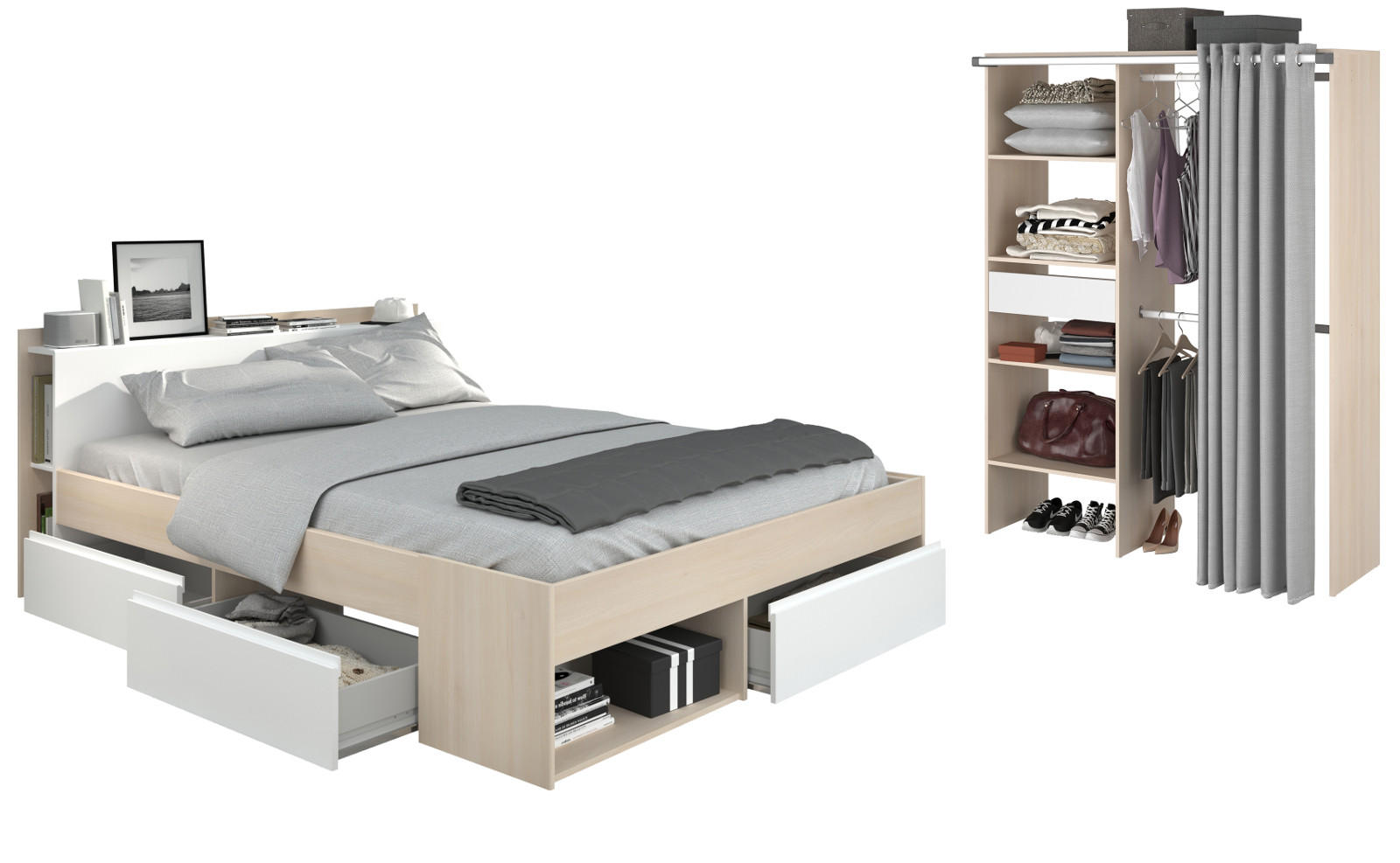JUGEND-SCHLAFZIMMER Akazie, weiß, Komplettset mit Stauraumbett (160 x 200 cm) und Kleiderschrank - Weiß/Akaziefarben, Holzwerkstoff (170/182/220cm) - Parisot Meuble