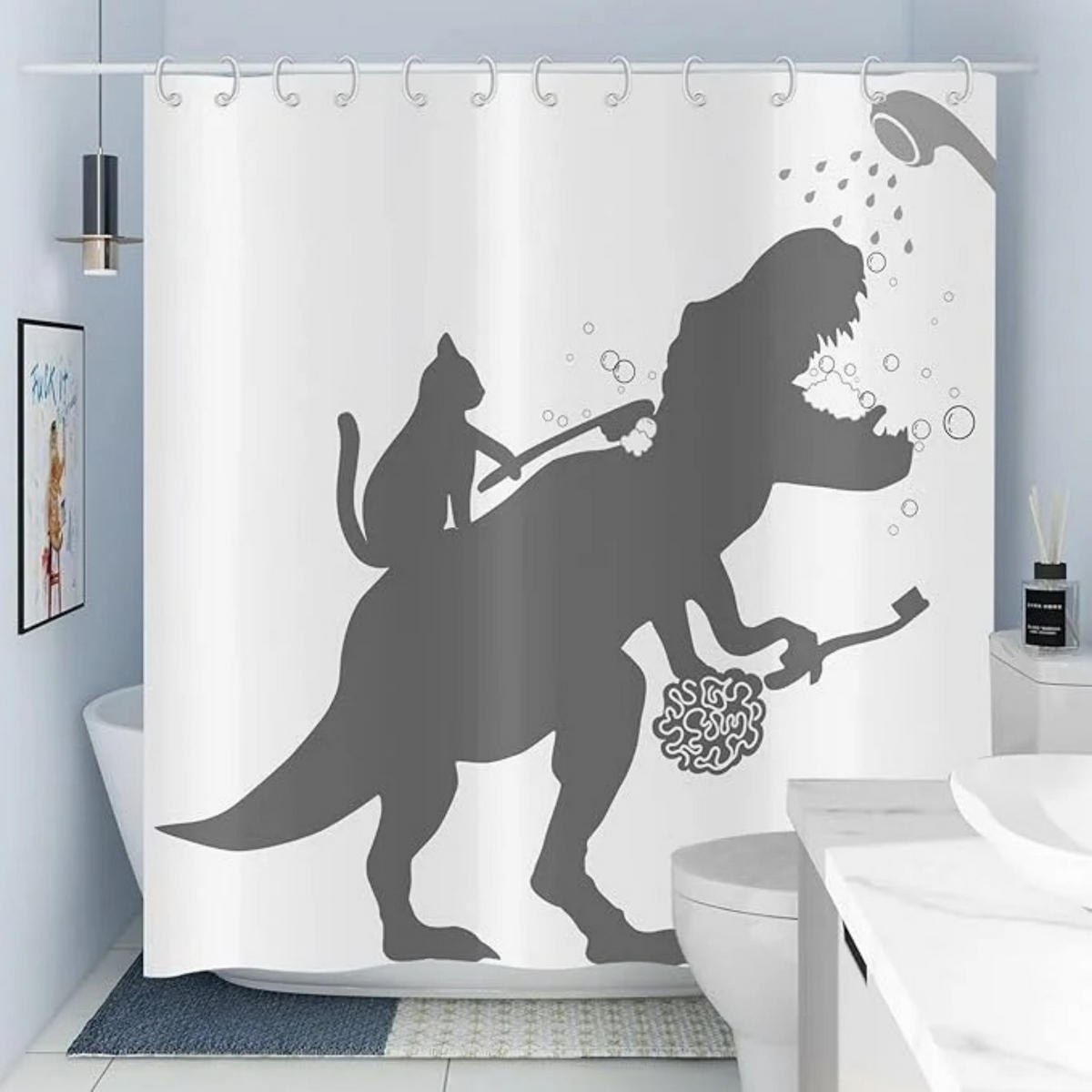 DUSCHVORHANG Weiß Katze Dinosaurier niedlich waschbar Stoff mit Haken - Weiß, Textil (180/180cm) - MCBOSON