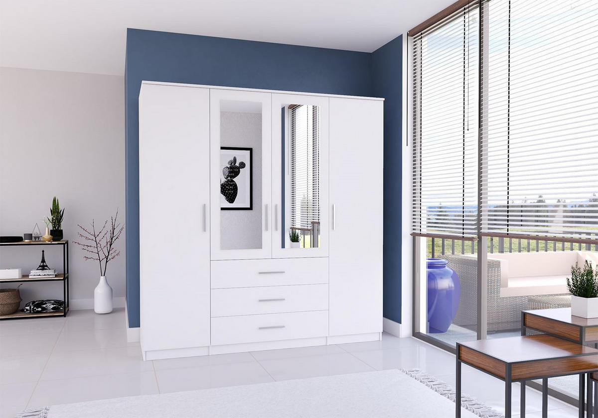 DREHTÜRENSCHRANK 200/207/57/61 cm Szantal 4D Weiß/Weiß - Alufarben/Weiß, Glas/Holzwerkstoff (200/210/64cm) - imoebel24