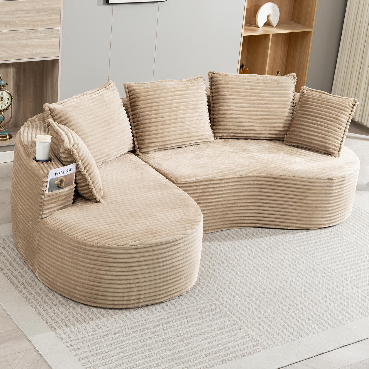 ECKSOFA Cord Khaki mit Becherhaltern, Seitentaschen und mit Kissen - Hellbraun, Textil (250/152cm) - WISHDOR