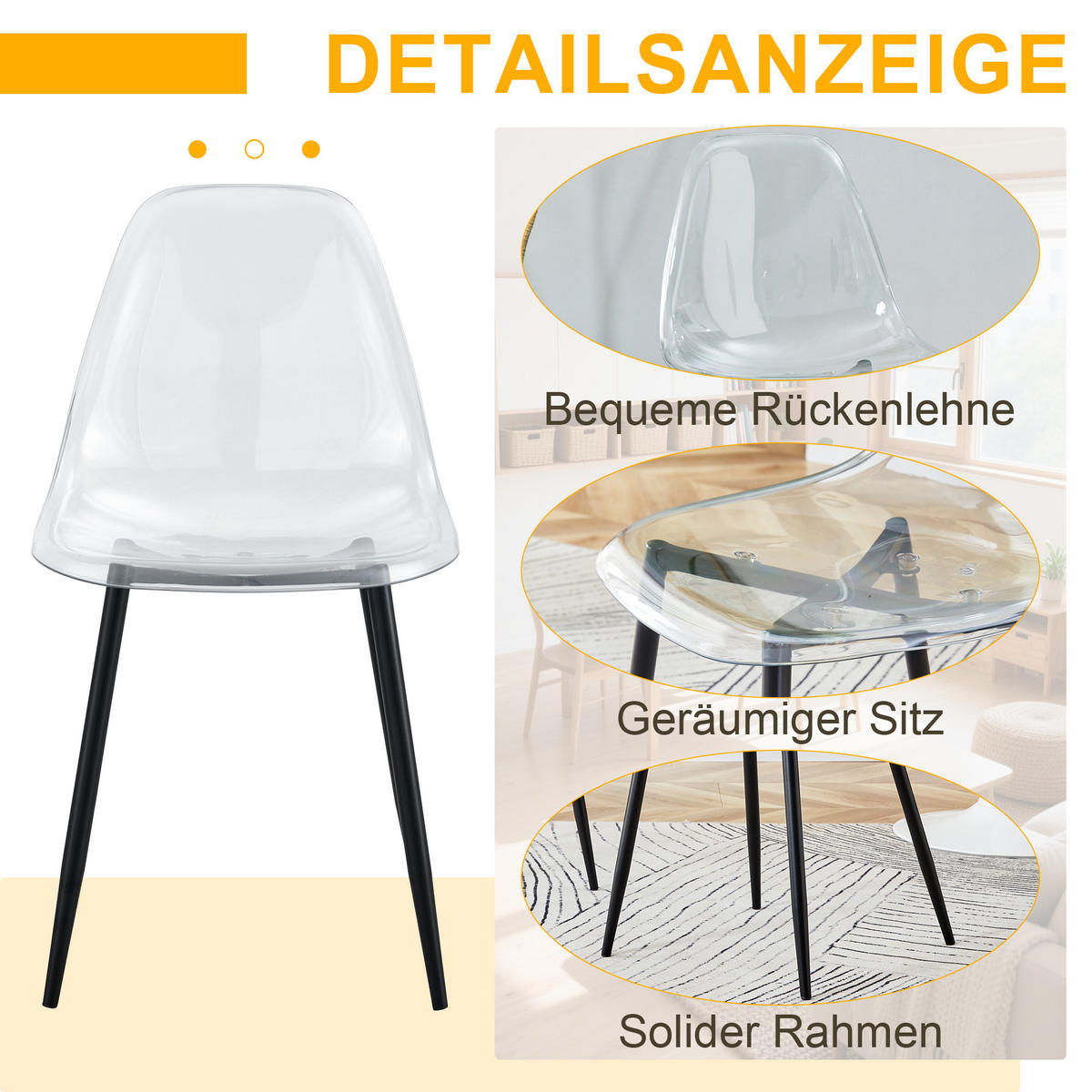 STUHL-SET DE-36594 4 Stück mit transparenter Sitzschale Schwarz - Schwarz, Metall (45.7/83/44cm) - ComfortXL