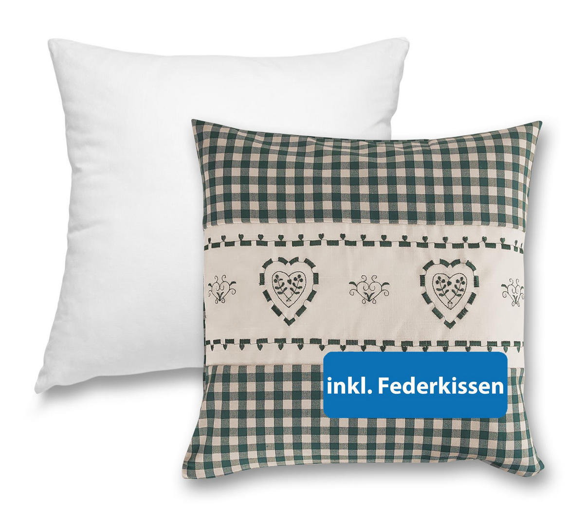 DEKOKISSEN Herz grün 40/40 cm Landhaus-Stil mit Reißverschluss inkl. 100% Federkissen - Beige/Grün, Textil (40/40cm) - wometo