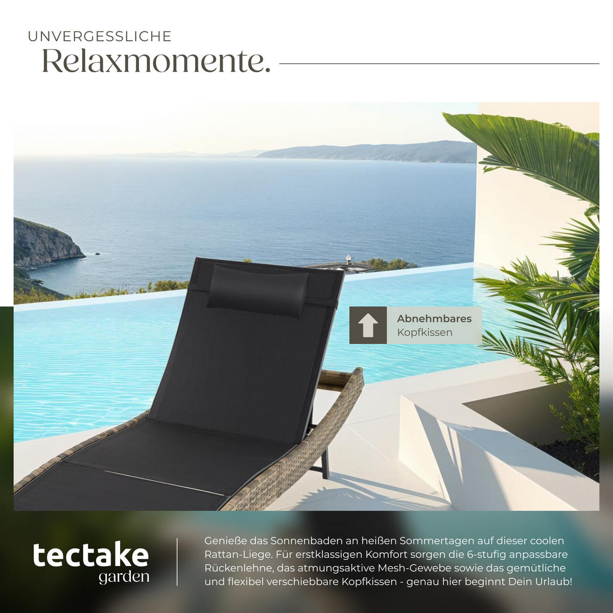 RATTAN-SONNENLIEGE Moana,69 x 211 x 41 - 94 cm,natur - Naturfarben, Kunststoff (69/94/211cm) - tectake