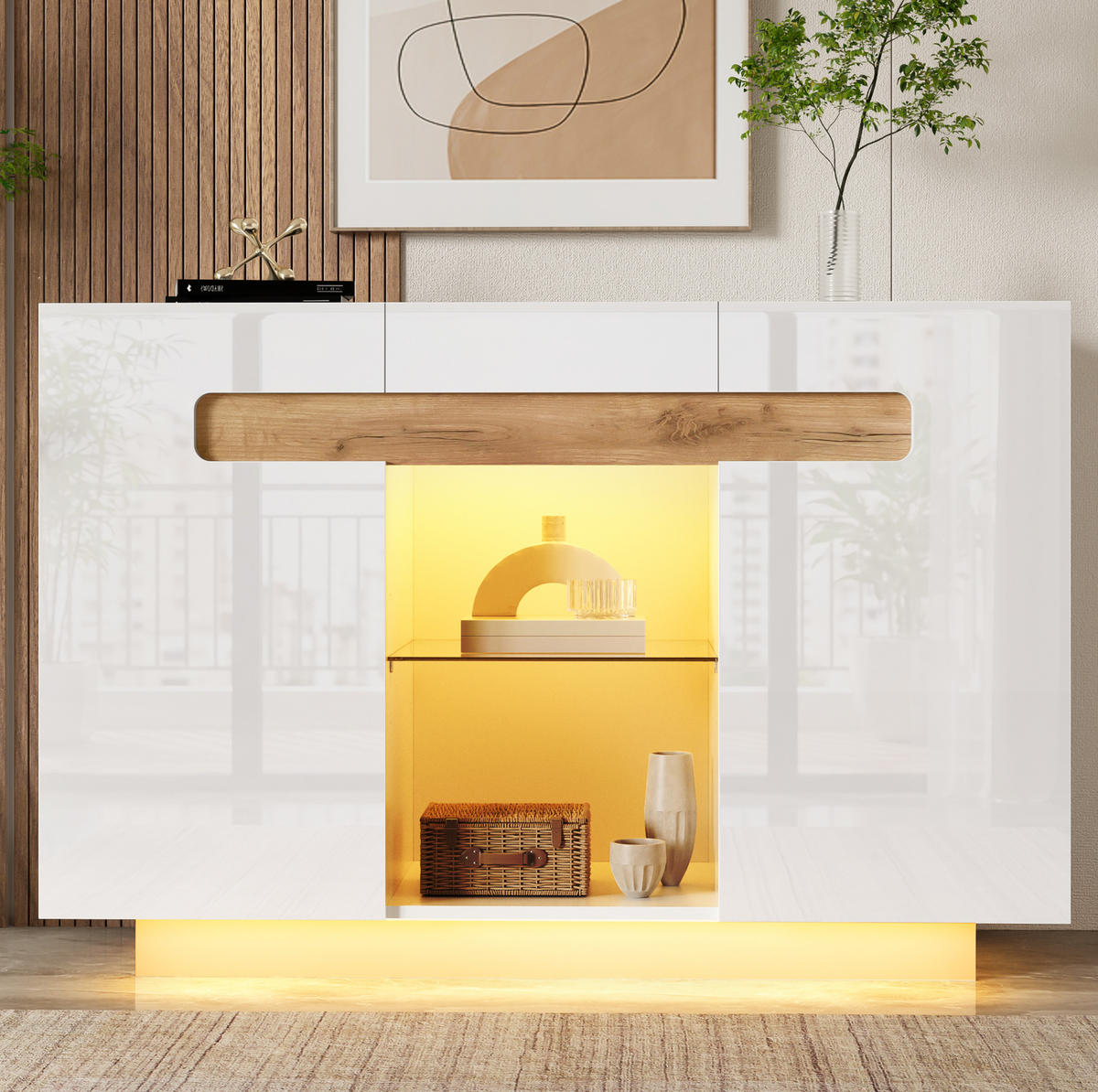 SIDEBOARD in Weiß und Naturholzoptik 120x40x80 cm mit LED-Beleuchtung und Glasablagen - Weiß, Holzwerkstoff (40/80/120cm) - IVMEU