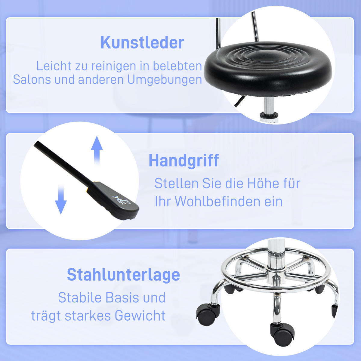 ROLLHOCKER höhenverstellbar mit Lehne und Fußstütze Kunstleder Schwarz - Schwarz, Metall (32/86/40cm) - Meubliv