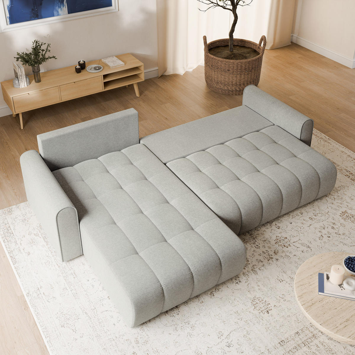 ECKSOFA FRIGA Hellgrau Strukturstoff mit Schlaffunktion - Hellgrau, Holz (283/185cm) - MASSENO