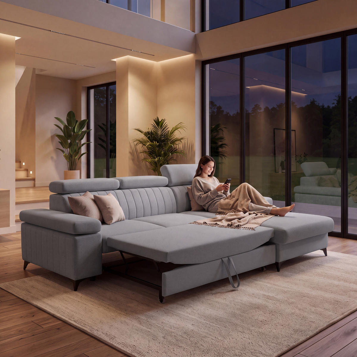 ECKSOFA FELIX L Rechts mit Schlaffunktion Velours Dunkelgrau - Dunkelgrau/Schwarz, Holz/Textil (176/257cm) - Muffo