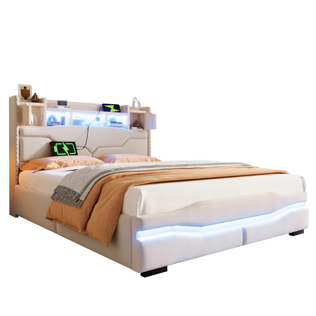 Modfu ČALOUNĚNÁ postel z lnu a MDF 140x200 cm béžová s hydraulickým úložným prostorem, LED osvětlením, USB a zásuvkou