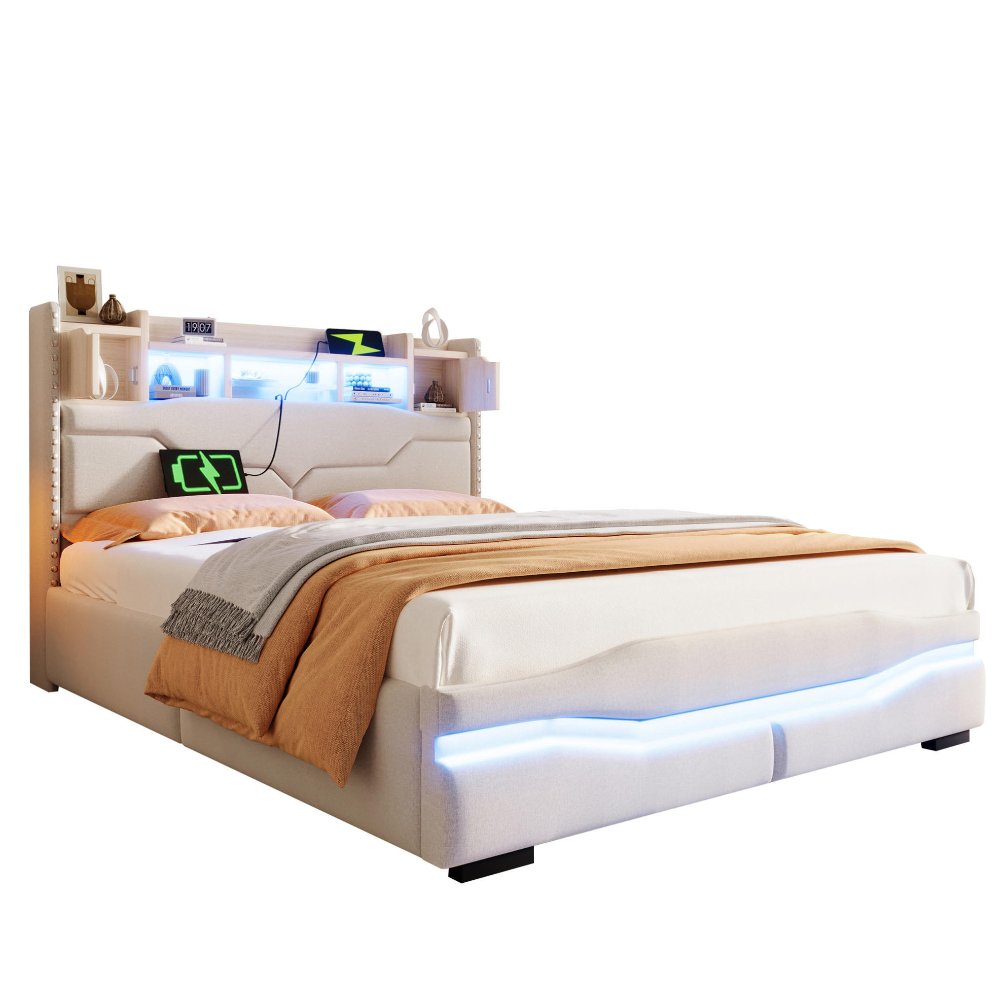 POLSTERBETT aus Leinen 140x200 cm in Beige mit LED-Beleuchtung & USB-C - Beige, Textil (140/200cm) - Modfu