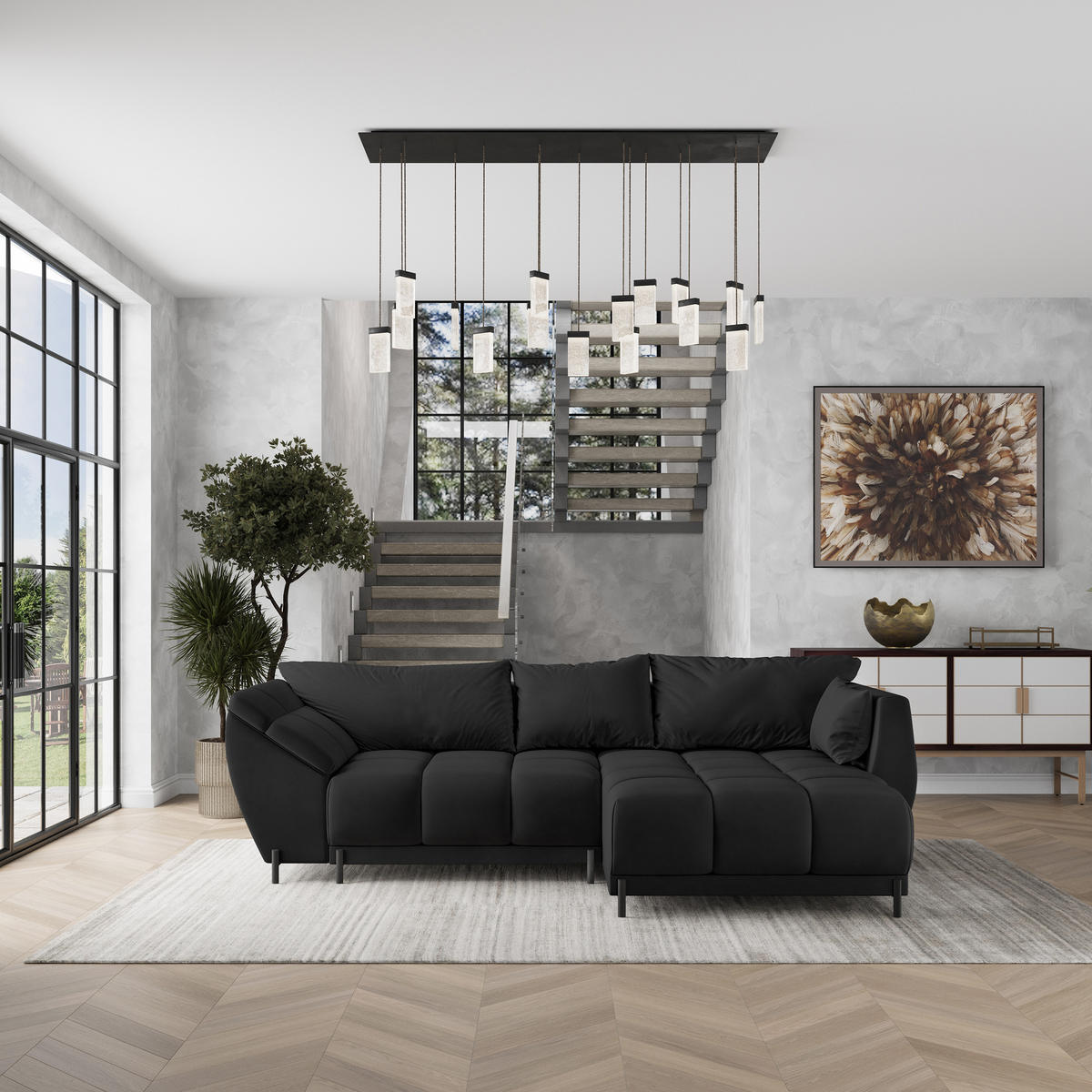 ECKSOFA VESTANO R-S Schwarz Velours-Stoff mit Schlaffunktion - Schwarz, Holz (287/182cm) - MASSENO