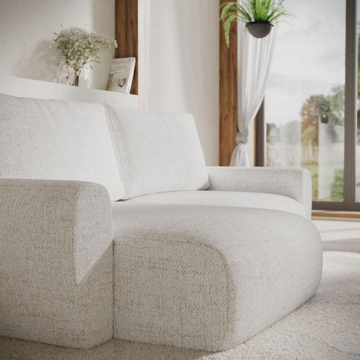 ECKSOFA OMARI mit Schlaffunktion Creme im Neve Stoff - Creme/Schwarz, Holz/Holzwerkstoff (253/153cm) - AltaBeds