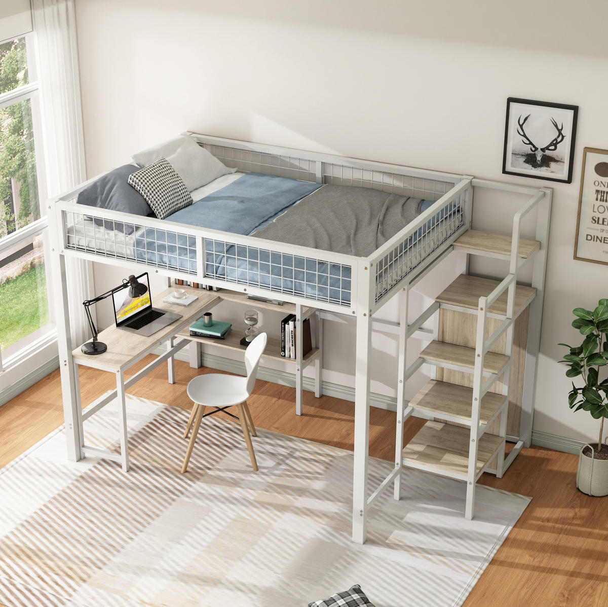 HOCHBETT 140/200 cm in Weiß mit Schreibtisch, Regalen und Kleiderschrank - Weiß, Metall (140/200cm) - Flora Grace
