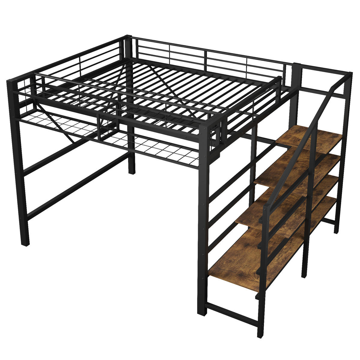HOCHBETT 140/200 cm Schwarz aus Metall mit LED und Ablageregal ohne Matratze - Schwarz, Metall (140/200cm) - MIVRAY