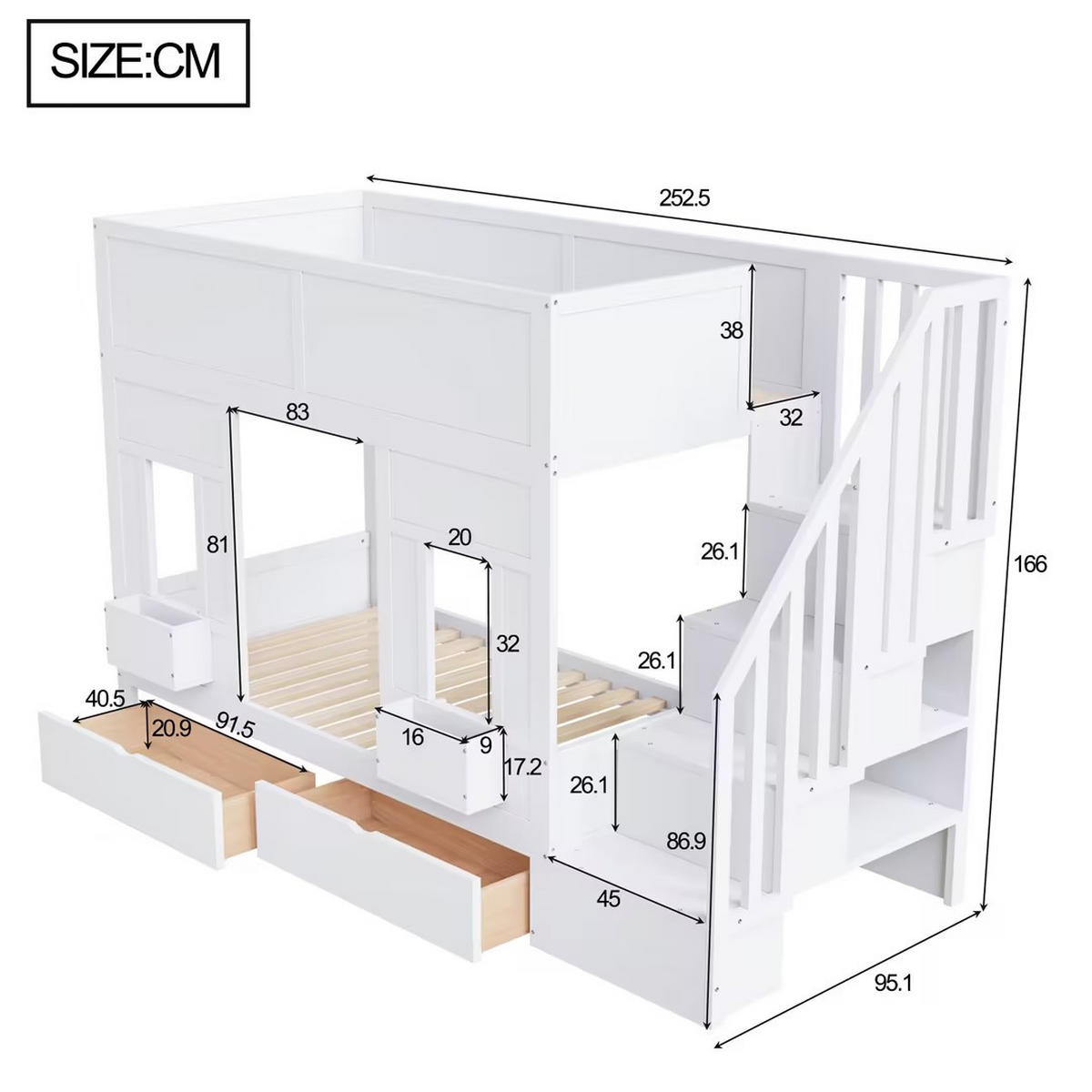 ETAGENBETT 90/200 cm in Weiß Kinderbett mit Treppe, 2 Schubladen und Stauraum - Weiß, Holzwerkstoff (90/200cm) - STILVORA