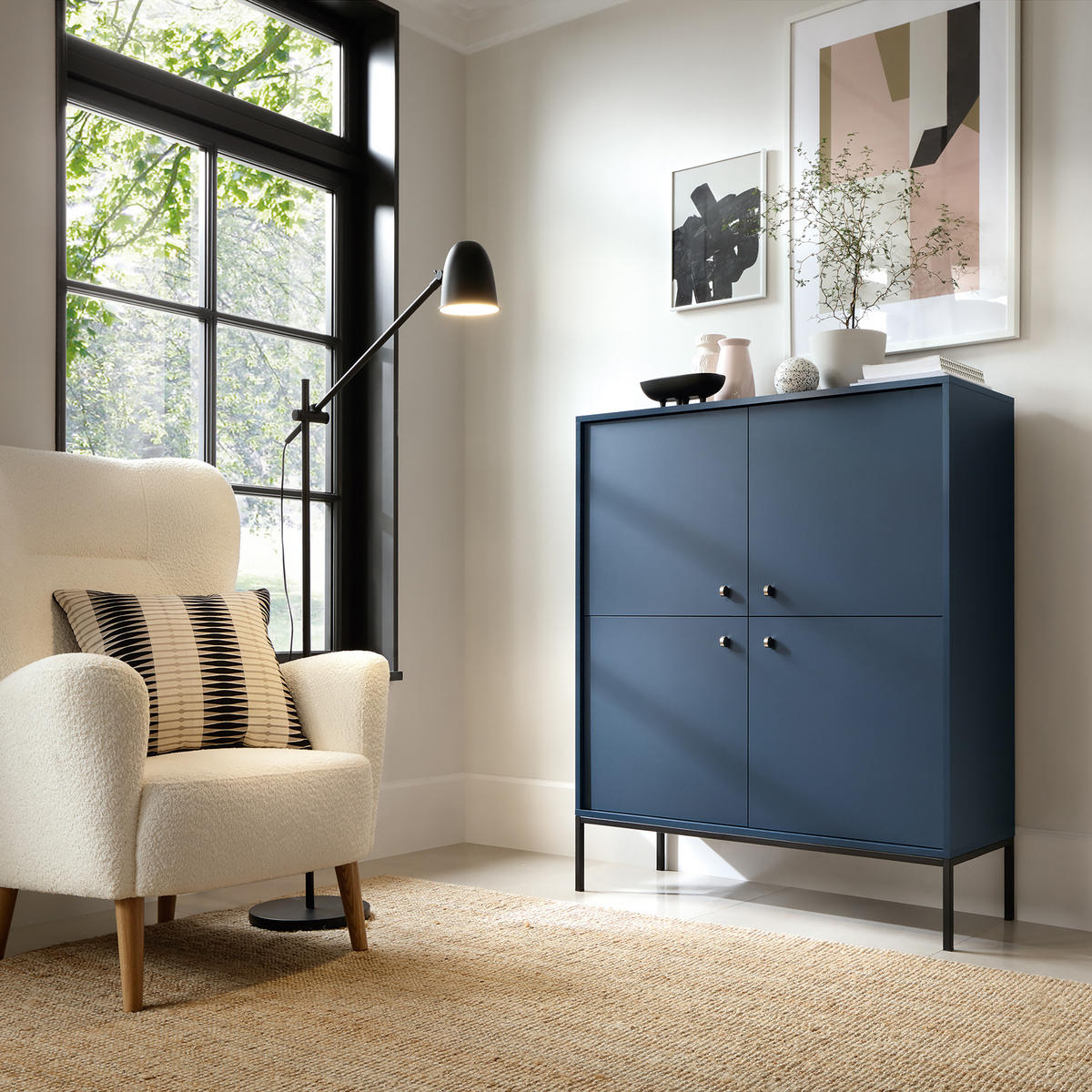 HIGHBOARD MONDO 104/125/39 cm mit 4 Türen Blau - Blau, Holzwerkstoff (104/125/39cm) - MASSENO
