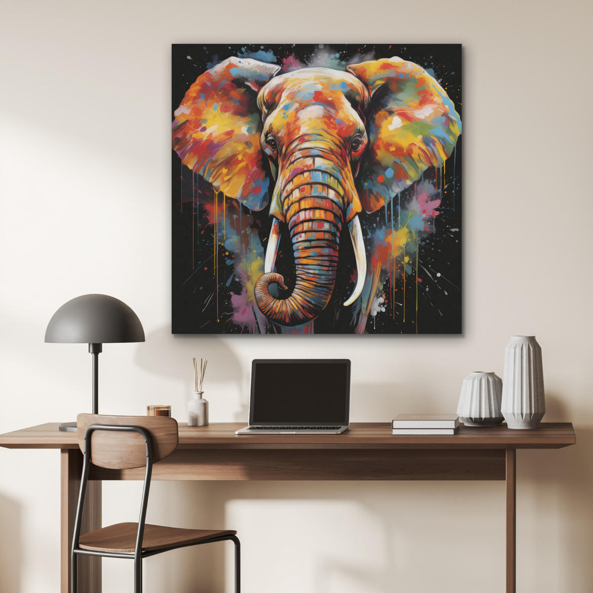 AKUSTIKPANEEL Elefant - Graffiti - Schwarz - Tiere - Farben 90x90 cm - Schwarz, Textil (90/0.9/90cm) - MuchoWow