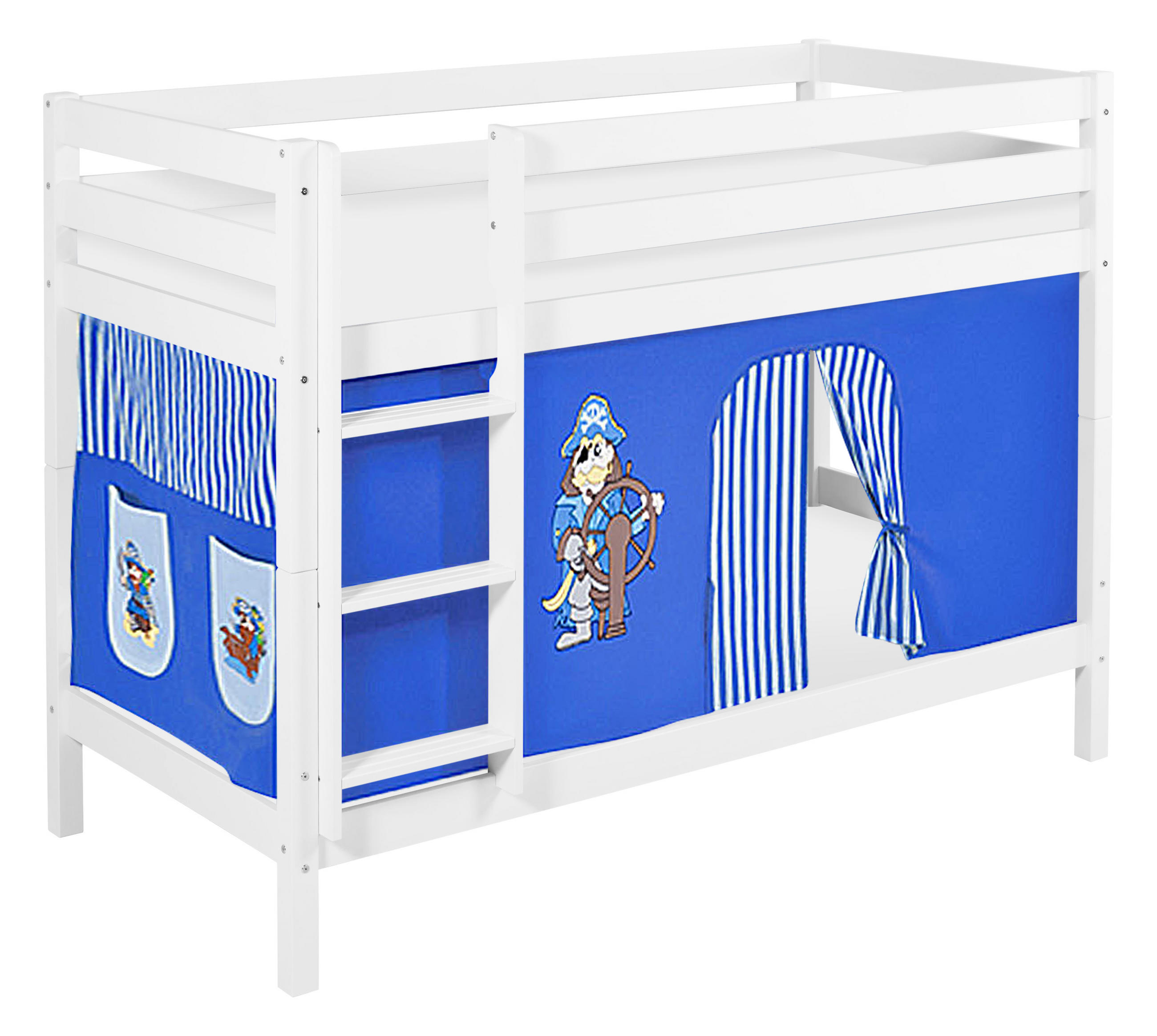 ETAGENBETT JELLE 90x190 cm Pirat blau - Hochbett - inkl. Vorhang und 2 Lattenrosten - Weiß, Holz - Lilokids