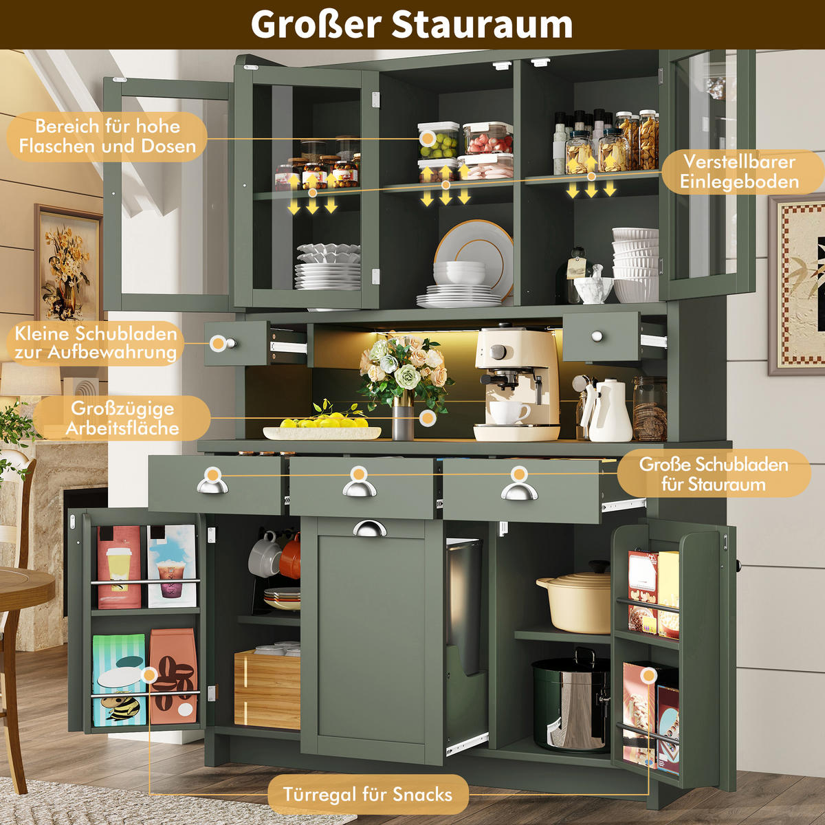 HIGHBOARD in Grün Buffet mit verstellbaren Regalen, Glastüren und LED, B120/T40/H180cm - Transparent/Grün, Glas/Holzwerkstoff (120/180/40cm) - STILVORA