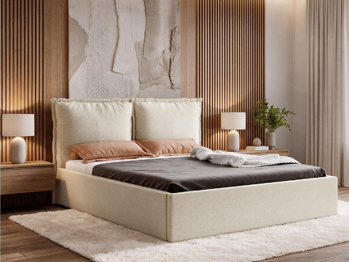 POLSTERBETT MIRA 140x200 cm mit Bettkasten, Stauraum und Metall-Lattenrost – VIBE Ecru - Ecru/Schwarz, Textil/Metall (140/200cm) - Luxkor24