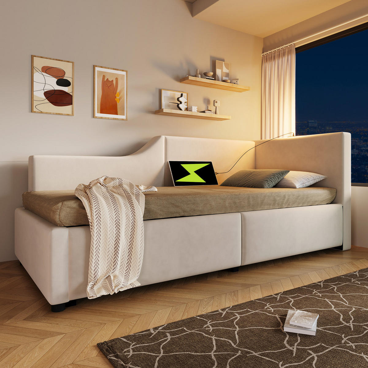 TAGESBETT 90x200cm Schlafsofa hydraulisch USB-C Leselicht Beige Samt - Beige, Holz - FLIEKS