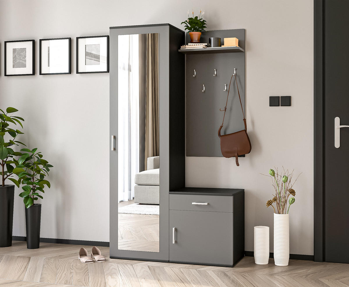 GARDEROBENSCHRANK Magnola Schwarz Grau 100/180,5/35 cm – Modern, mit Spiegel und viel Stauraum - Schwarz/Grau, Holzwerkstoff/Kunststoff (100/180.5/35cm) - AX Living