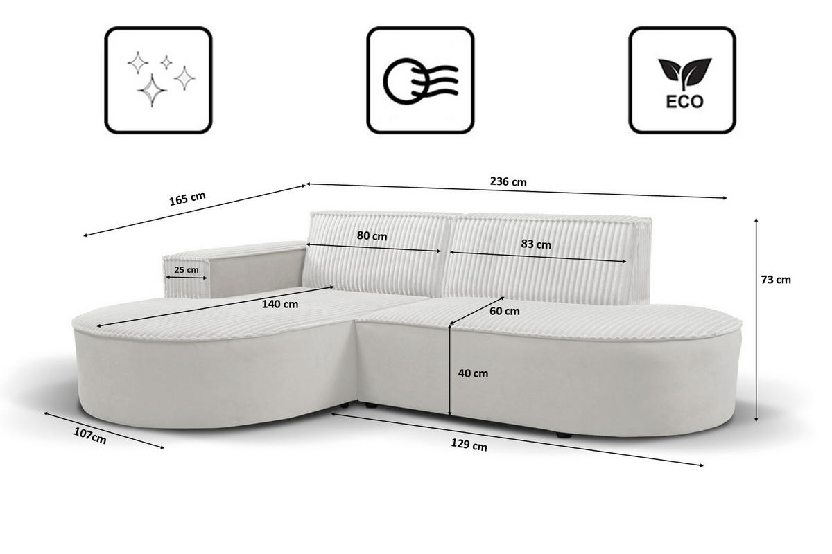 ECKSOFA L-förmiges Modena Soft Ecru Links - Ecru, Holz (165/236cm) - Kaiser Möbel