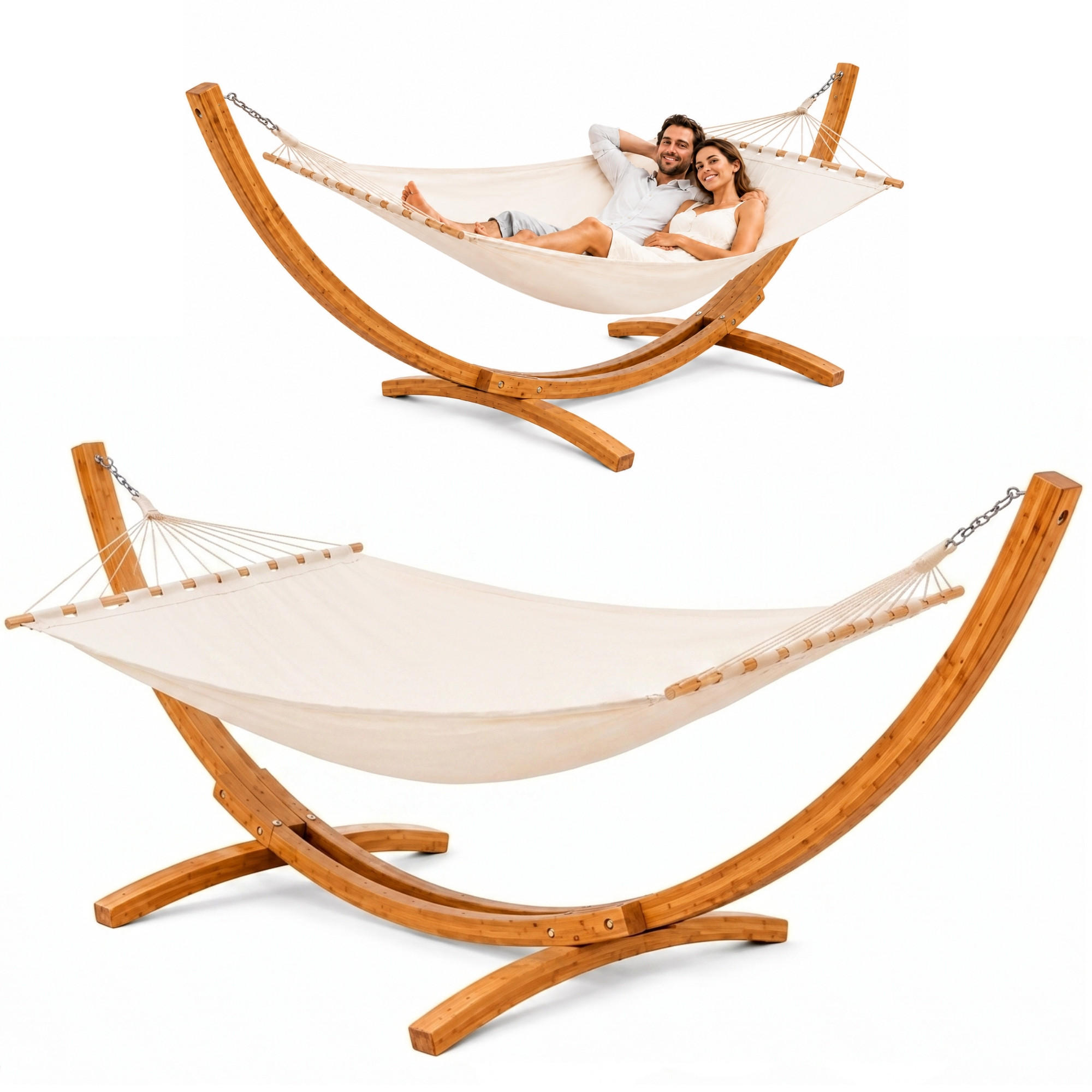 XXL-HÄNGEMATTE mit Holzgestell bis 150kg, 325/120cm, Beige - Beige, Holz (120/118/325cm) - Amanka