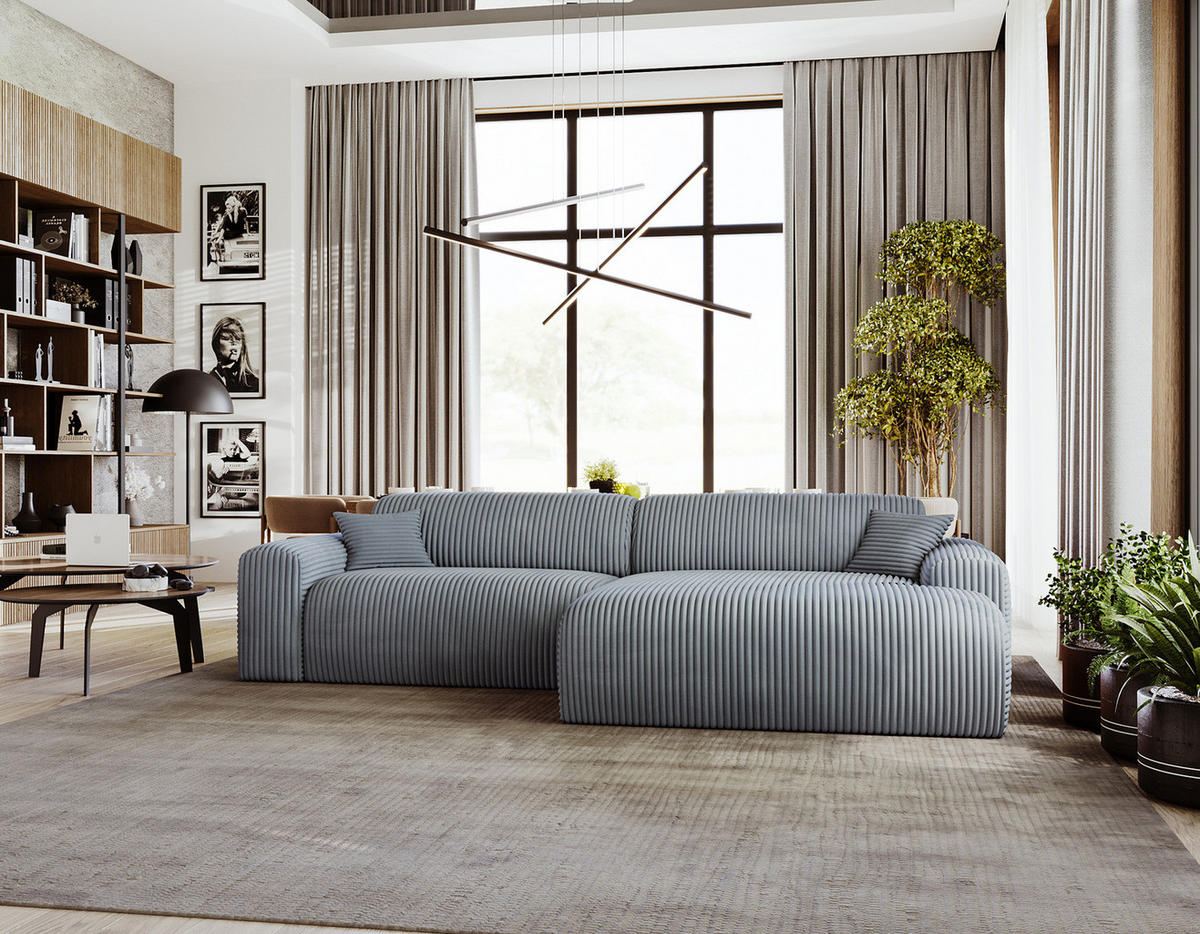 ECKSOFA mit Longchair - Cord - Blaugrau/Schwarz, Kunststoff/Textil (284/178cm) - home24