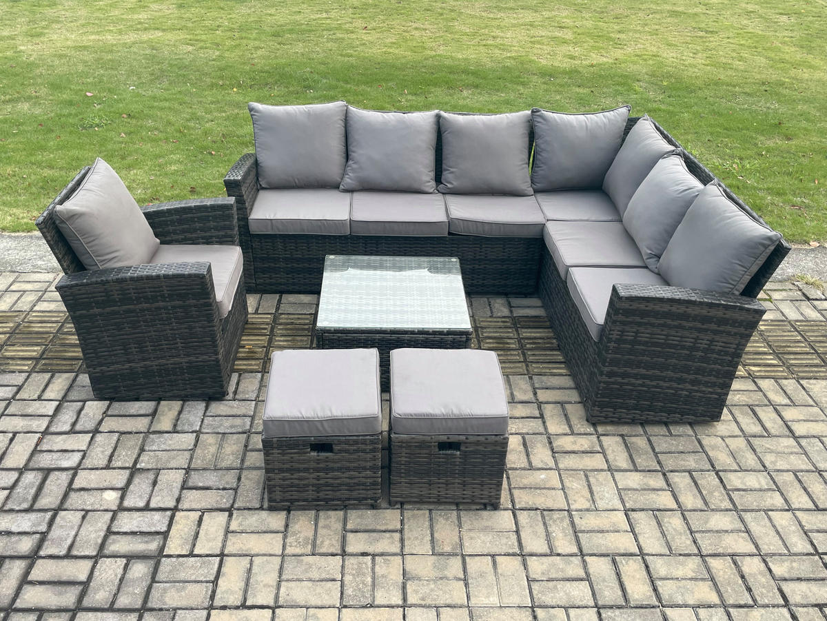 LOUNGEGARNITUR mit Couchtisch Sofa Polyrattan Dunkelgrau 9-Sitzer - Dunkelgrau/Grau, Glas/Kunststoff - Fimous